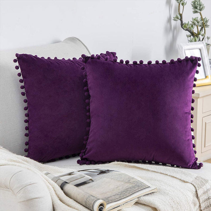 Square Velvet Pom-Pom Trim Throw Pillow Cover