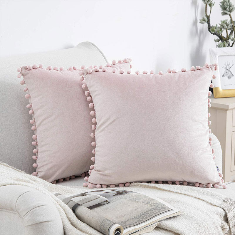 Square Velvet Pom-Pom Trim Throw Pillow Cover