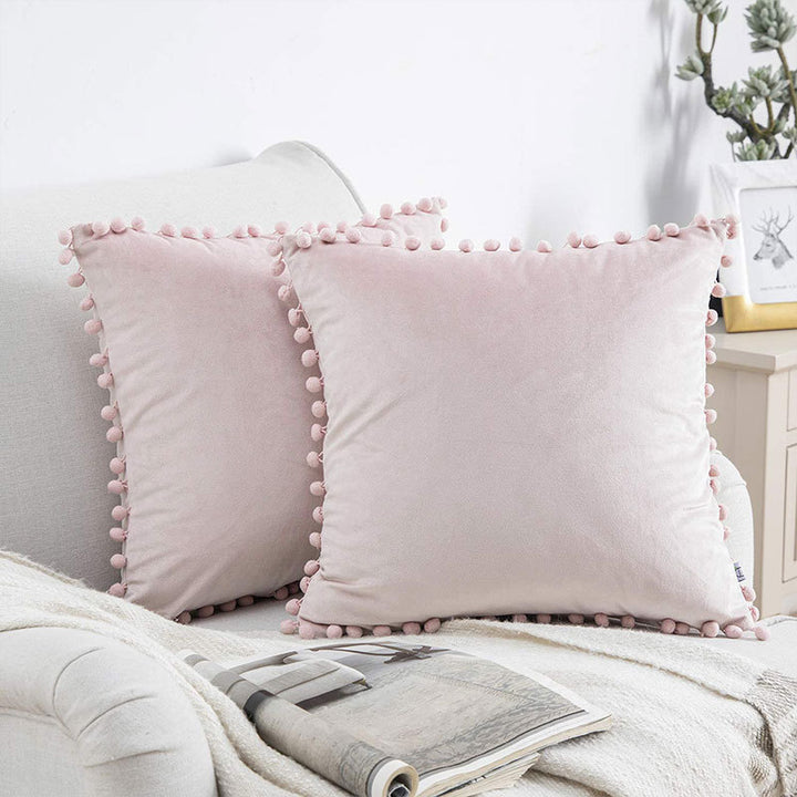 Square Velvet Pom-Pom Trim Throw Pillow Cover