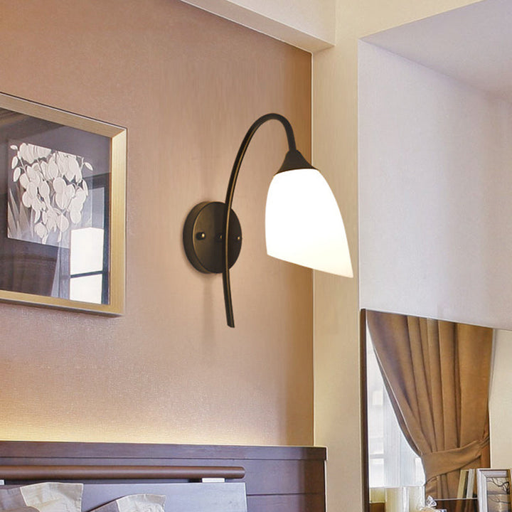 Black Finish Gooseneck Wall Light Rustic Metal 1 Bulb Bedroom Sconce Lamp with Milk Glass Shade | Stornfield