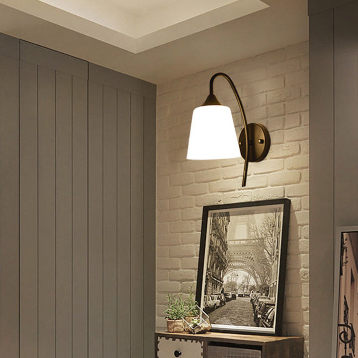 Black Finish Gooseneck Wall Light Rustic Metal 1 Bulb Bedroom Sconce Lamp with Milk Glass Shade | Stornfield