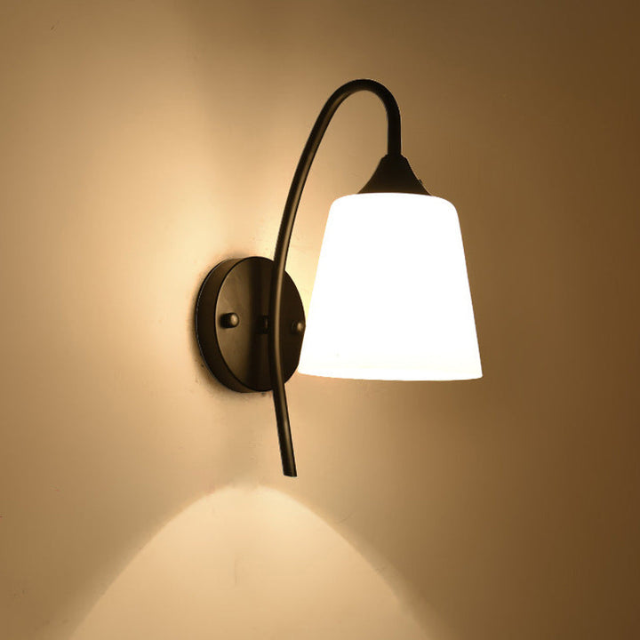 Black Finish Gooseneck Wall Light Rustic Metal 1 Bulb Bedroom Sconce Lamp with Milk Glass Shade | Stornfield