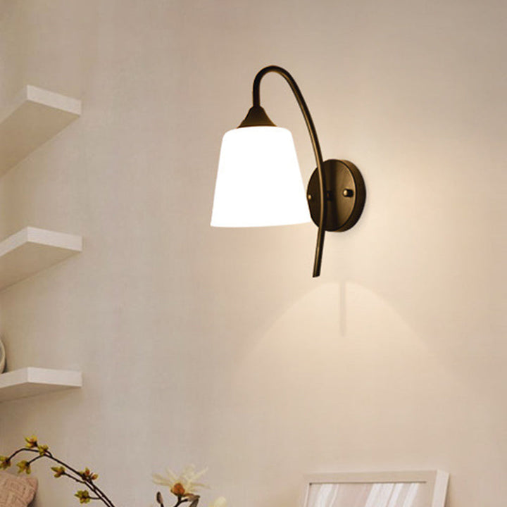 Black Finish Gooseneck Wall Light Rustic Metal 1 Bulb Bedroom Sconce Lamp with Milk Glass Shade | Stornfield