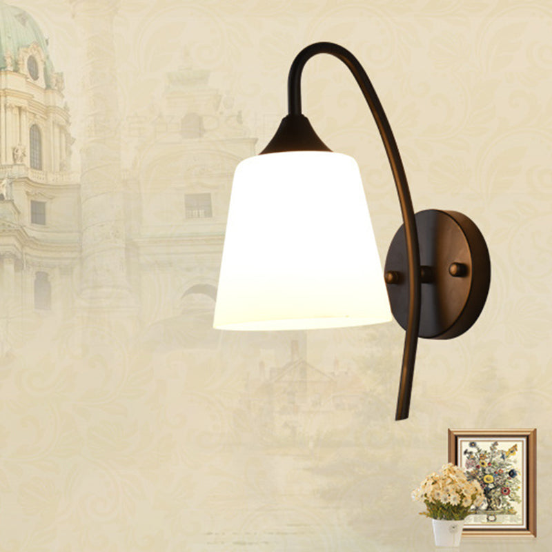 Black Finish Gooseneck Wall Light Rustic Metal 1 Bulb Bedroom Sconce Lamp with Milk Glass Shade | Stornfield