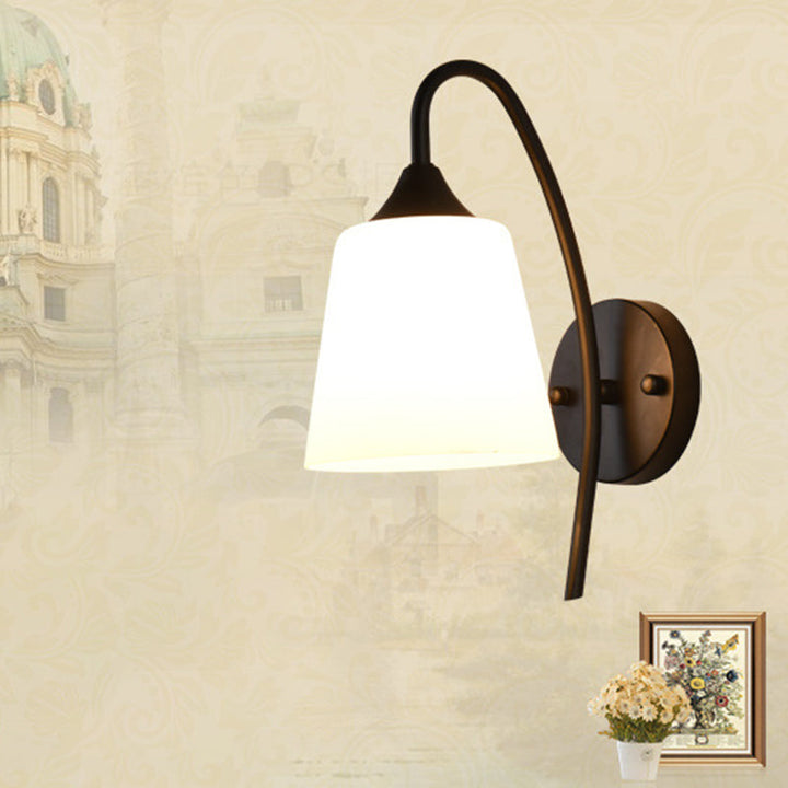 Black Finish Gooseneck Wall Light Rustic Metal 1 Bulb Bedroom Sconce Lamp with Milk Glass Shade | Stornfield