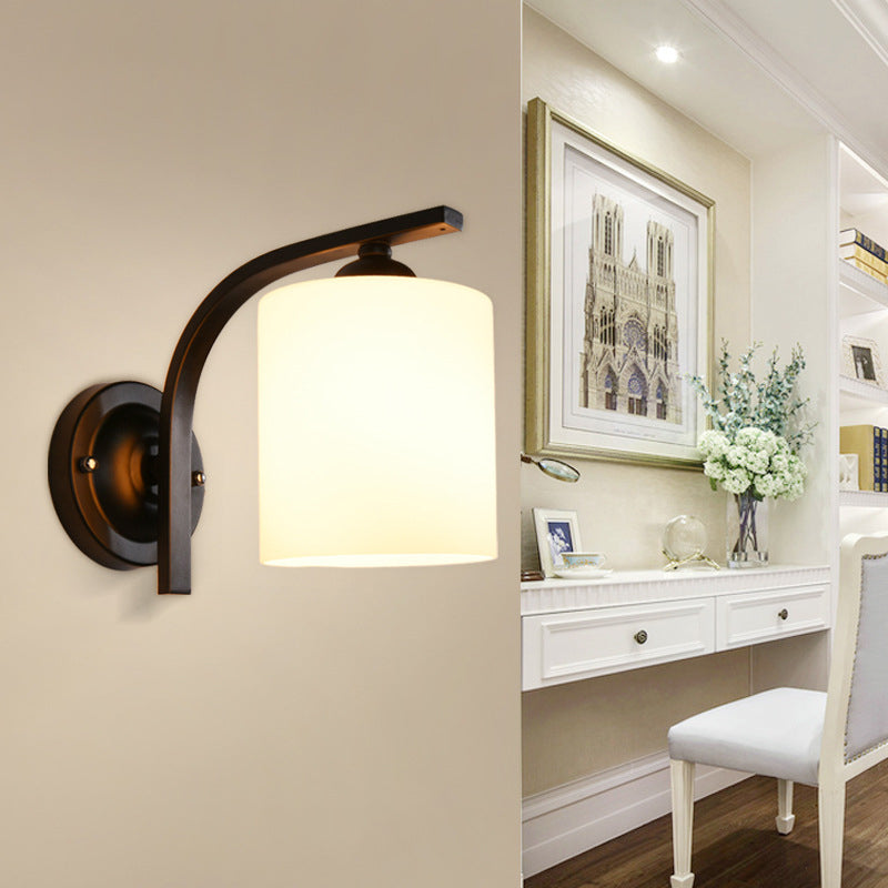 Cylindrical White Glass Wall Sconce Vintage 1 Head Aisle Wall Light with Curved Arm in Black | Stornfield