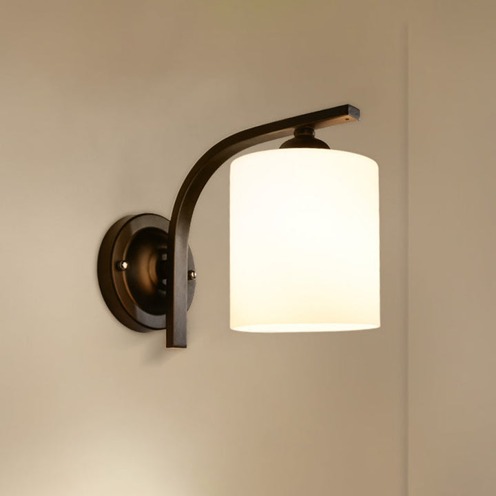 Cylindrical White Glass Wall Sconce Vintage 1 Head Aisle Wall Light with Curved Arm in Black | Stornfield