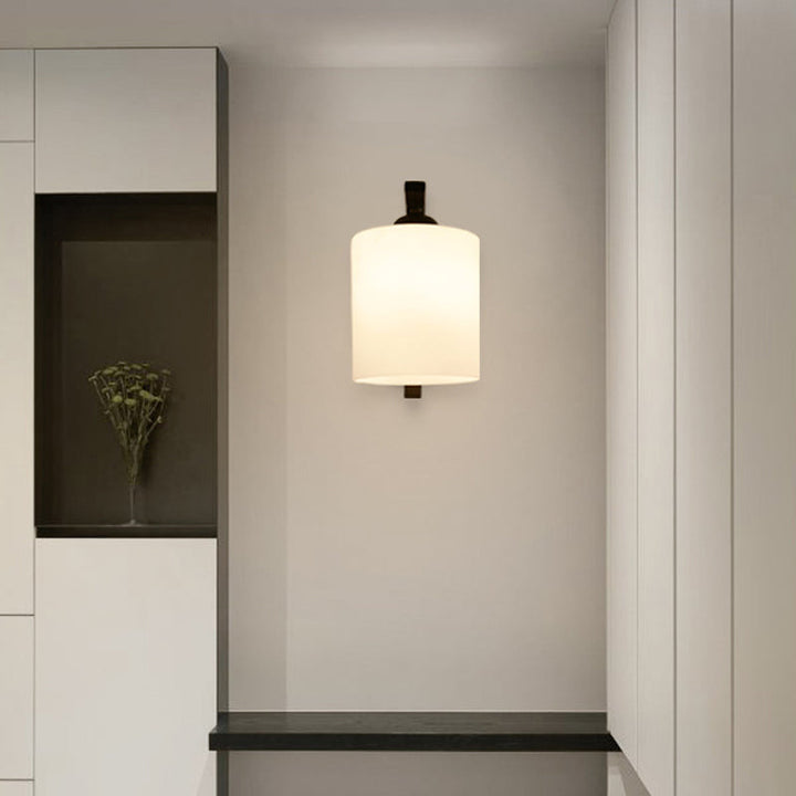Cylindrical White Glass Wall Sconce Vintage 1 Head Aisle Wall Light with Curved Arm in Black | Stornfield
