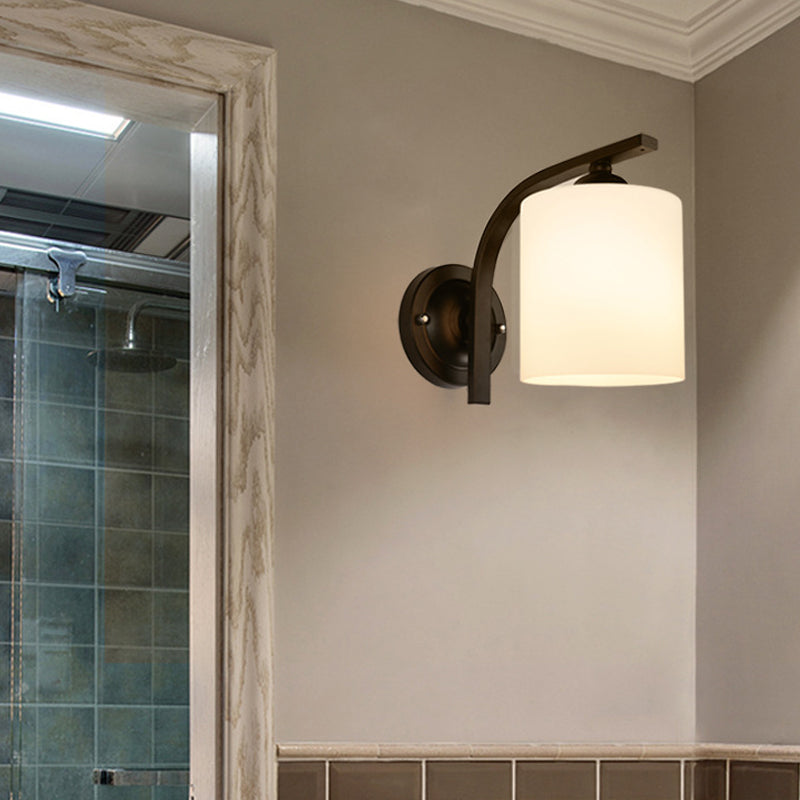 Cylindrical White Glass Wall Sconce Vintage 1 Head Aisle Wall Light with Curved Arm in Black | Stornfield