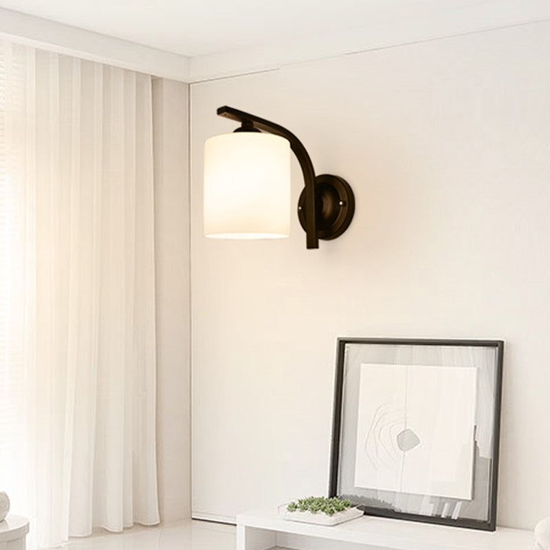 Cylindrical White Glass Wall Sconce Vintage 1 Head Aisle Wall Light with Curved Arm in Black | Stornfield