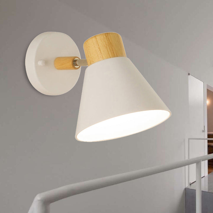 Nordic Stylish Cone Shade Wall Mount Light Metal and Wood 1 Bulb Bedside Rotatable Wall Sconce in Black/White | Stornfield