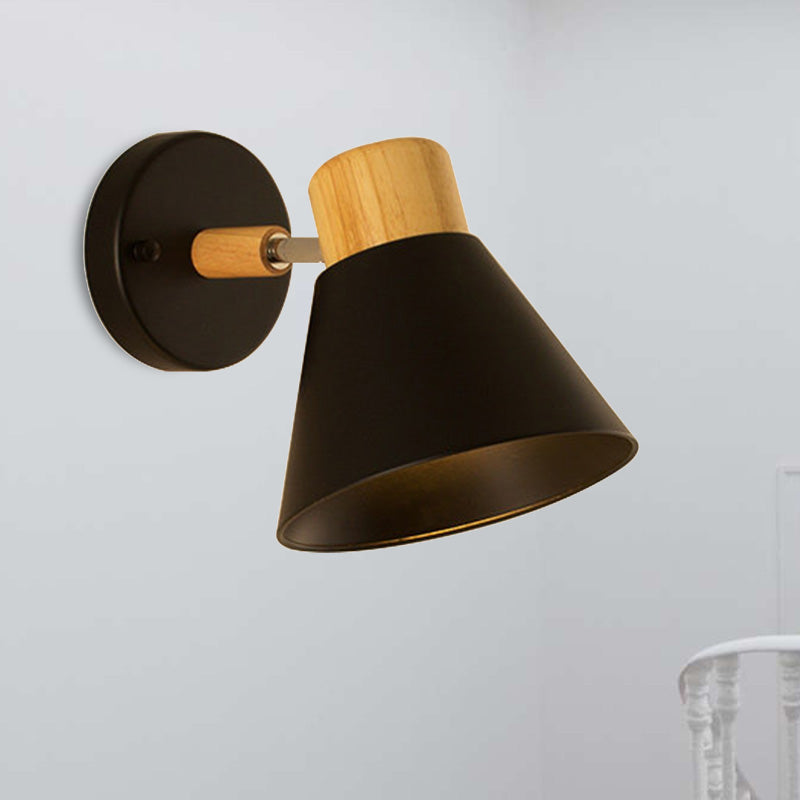 Nordic Stylish Cone Shade Wall Mount Light Metal and Wood 1 Bulb Bedside Rotatable Wall Sconce in Black/White | Stornfield