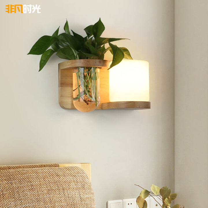 Cream Glass Cube Sconce Lamp Art Deco 1-Bulb Wood Wall Mount Light with Hydroponic Plant Pot | Stornfield