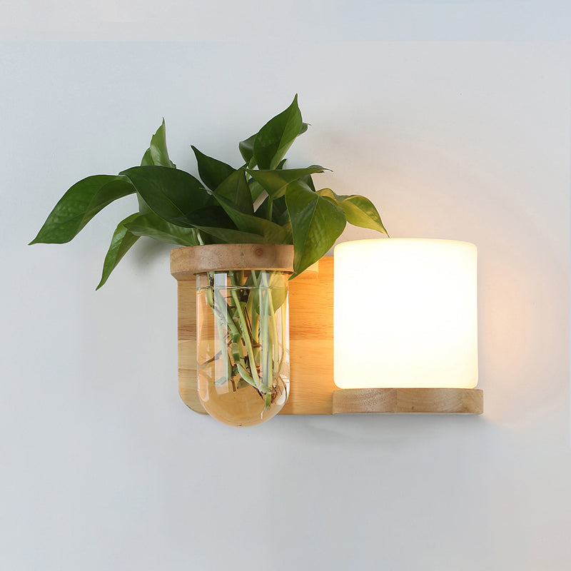 Cream Glass Cube Sconce Lamp Art Deco 1-Bulb Wood Wall Mount Light with Hydroponic Plant Pot | Stornfield