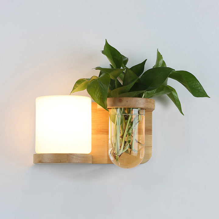 Cream Glass Cube Sconce Lamp Art Deco 1-Bulb Wood Wall Mount Light with Hydroponic Plant Pot | Stornfield