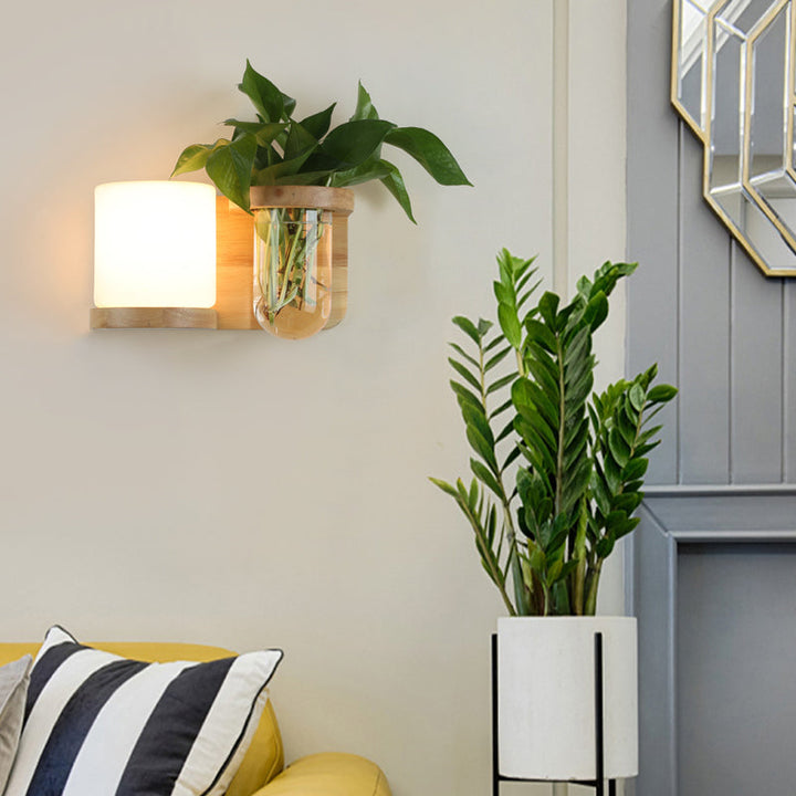 Cream Glass Cube Sconce Lamp Art Deco 1-Bulb Wood Wall Mount Light with Hydroponic Plant Pot | Stornfield