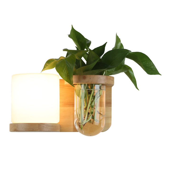 Cream Glass Cube Sconce Lamp Art Deco 1-Bulb Wood Wall Mount Light with Hydroponic Plant Pot | Stornfield