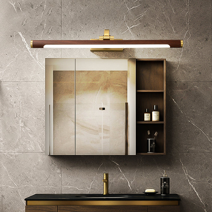 Walnut Wood Grain Tube Wall Light Country Acrylic Bath LED Vanity Lighting with Brass Pivot Joint | Stornfield