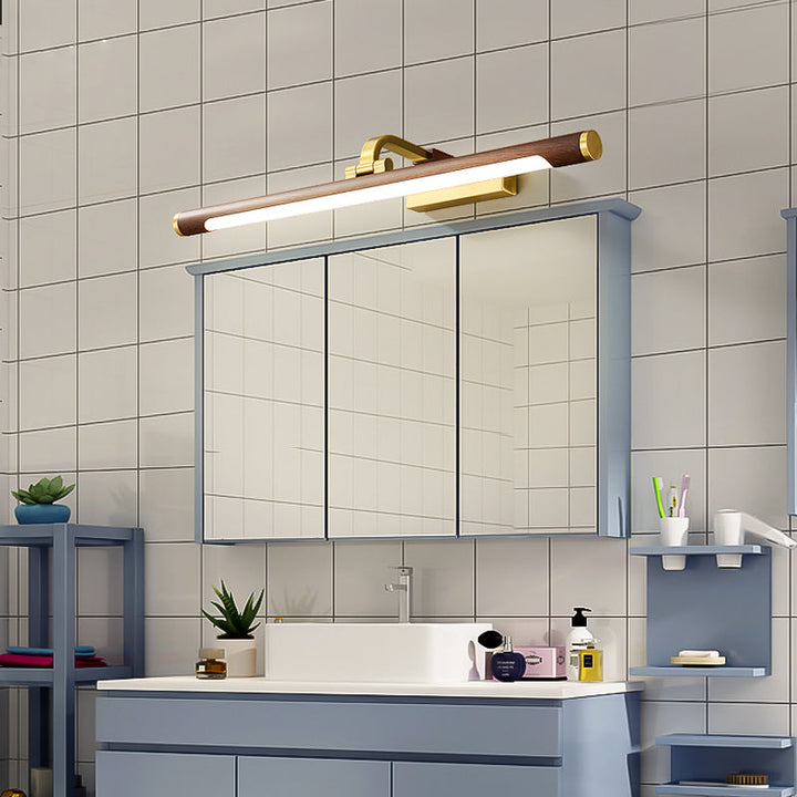 Walnut Wood Grain Tube Wall Light Country Acrylic Bath LED Vanity Lighting with Brass Pivot Joint | Stornfield