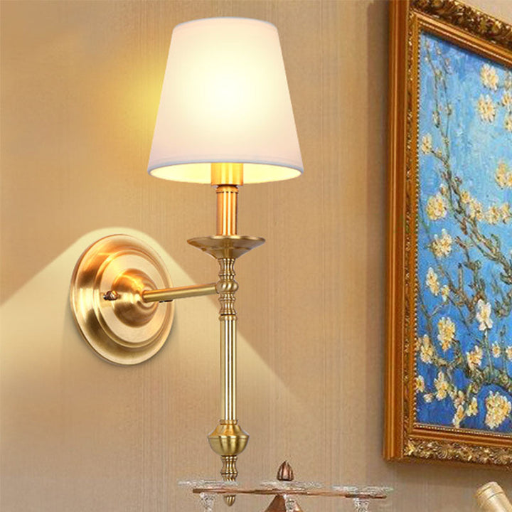 Brass Cone Wall Light Fixture Retro White Fabric Shade 1/2 Bulbs Dining Room Wall Sconce Lighting | Stornfield