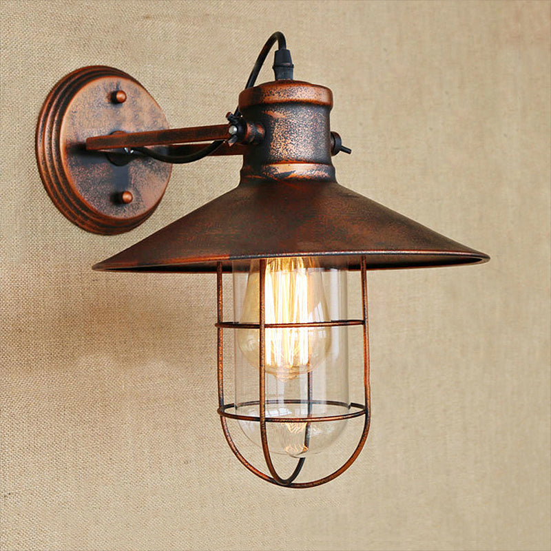 1 Light Clear Glass Wall Sconce Light Traditional Black/Rust Caged Coffee Shop Lighting Fixture | Stornfield