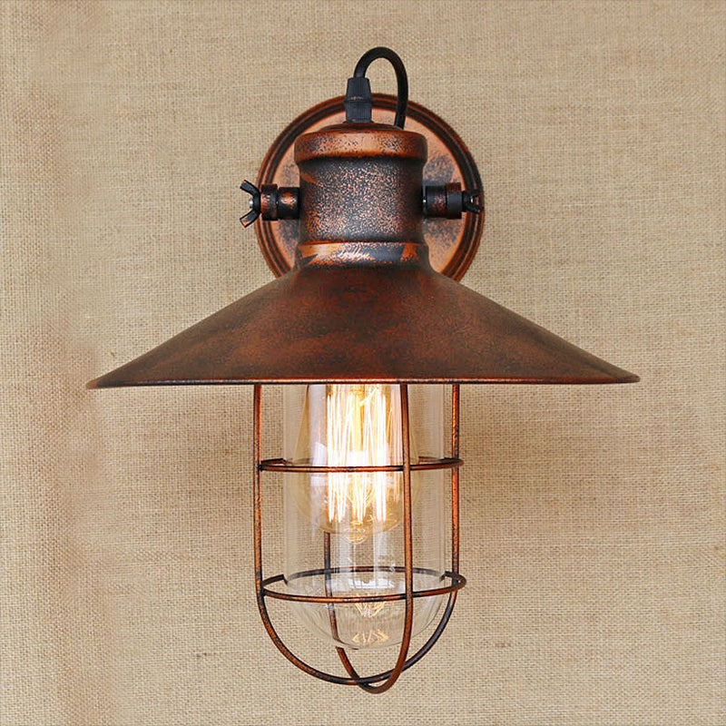 1 Light Clear Glass Wall Sconce Light Traditional Black/Rust Caged Coffee Shop Lighting Fixture | Stornfield