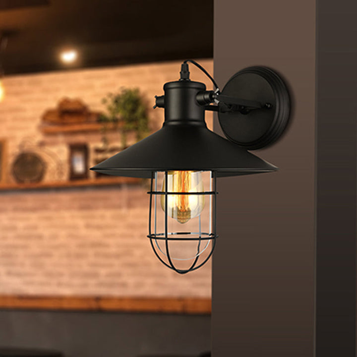 1 Light Clear Glass Wall Sconce Light Traditional Black/Rust Caged Coffee Shop Lighting Fixture | Stornfield