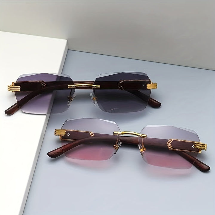 Rimless Sunglasses with Rectangular Lenses and Faux Wood Temples – Verro | Stornfield