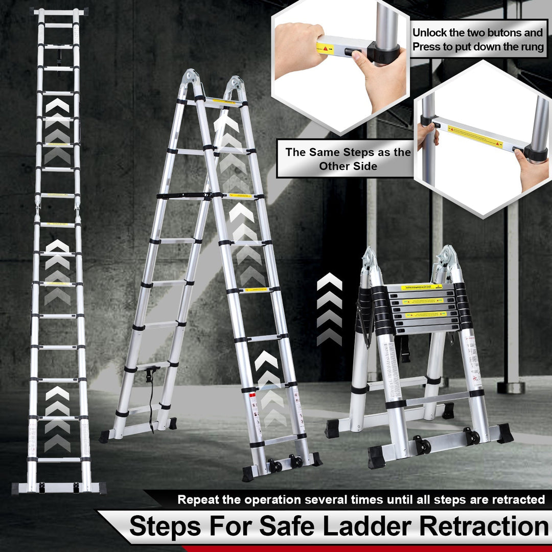 5M Aluminum Telescopic Ladder Folding Ladder with Wheels and Triangle Stabilizer | Stornfield