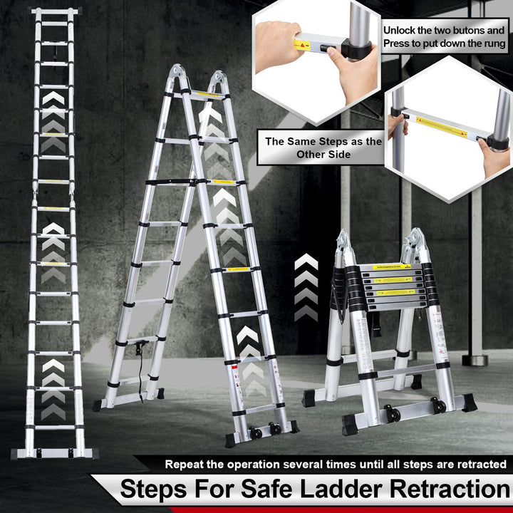5M Aluminum Telescopic Ladder Folding Ladder with Wheels and Triangle Stabilizer | Stornfield