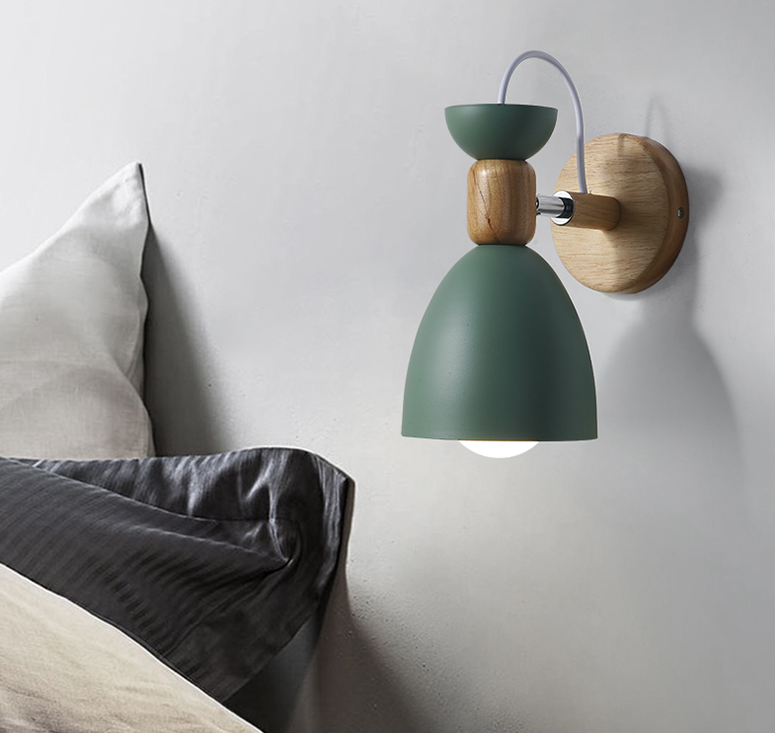 Nordic Macaroon Style Wall Sconce 1 Light Wood Armed Wall Mount Light in Metal Shade | Stornfield