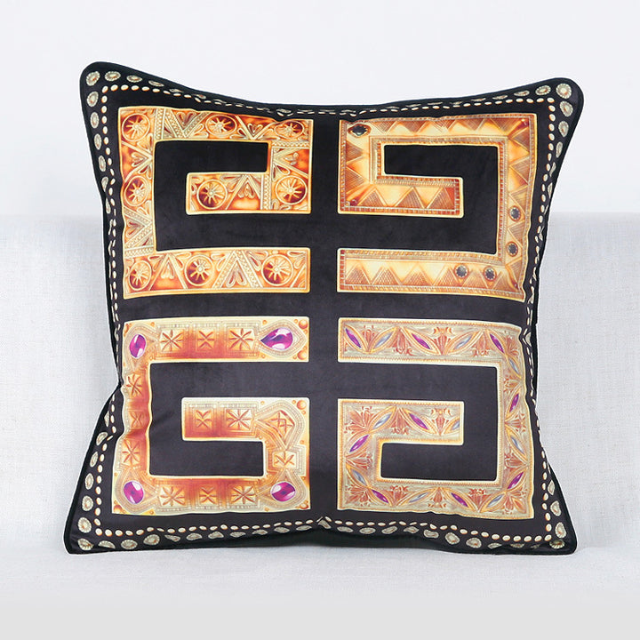 Vintage Equestrian Square Throw Pillow Cover with Piped Velvet Trim and Hidden Zipper