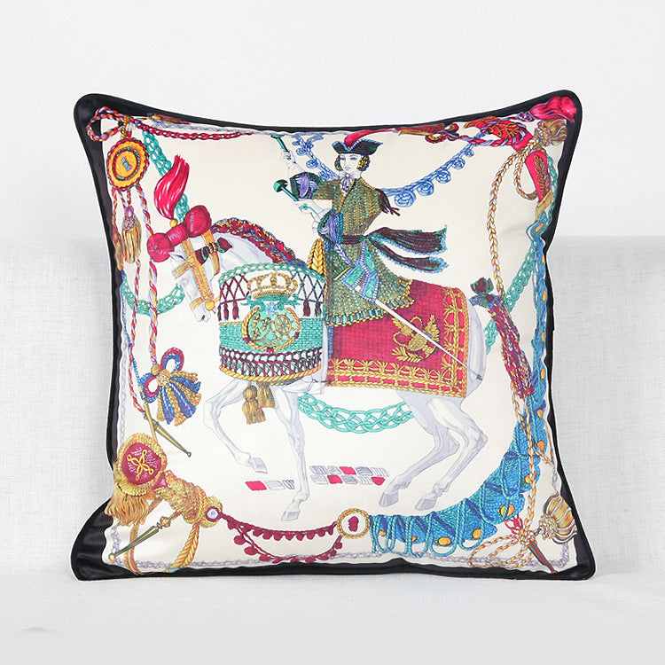 Vintage Equestrian Square Throw Pillow Cover with Piped Velvet Trim and Hidden Zipper