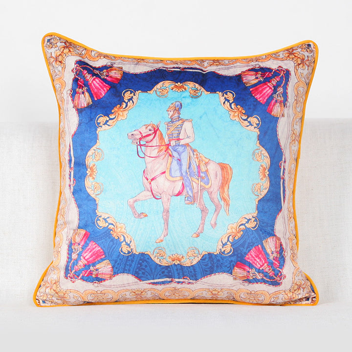 Vintage Equestrian Square Throw Pillow Cover with Piped Velvet Trim and Hidden Zipper