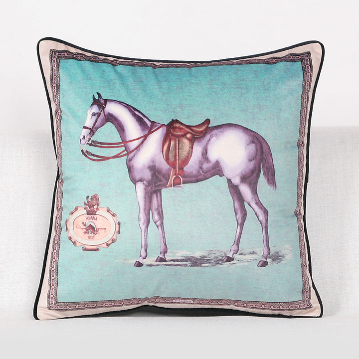 Vintage Equestrian Square Throw Pillow Cover with Piped Velvet Trim and Hidden Zipper