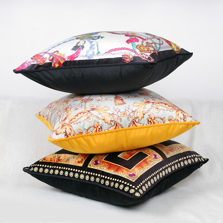 Vintage Equestrian Square Throw Pillow Cover with Piped Velvet Trim and Hidden Zipper