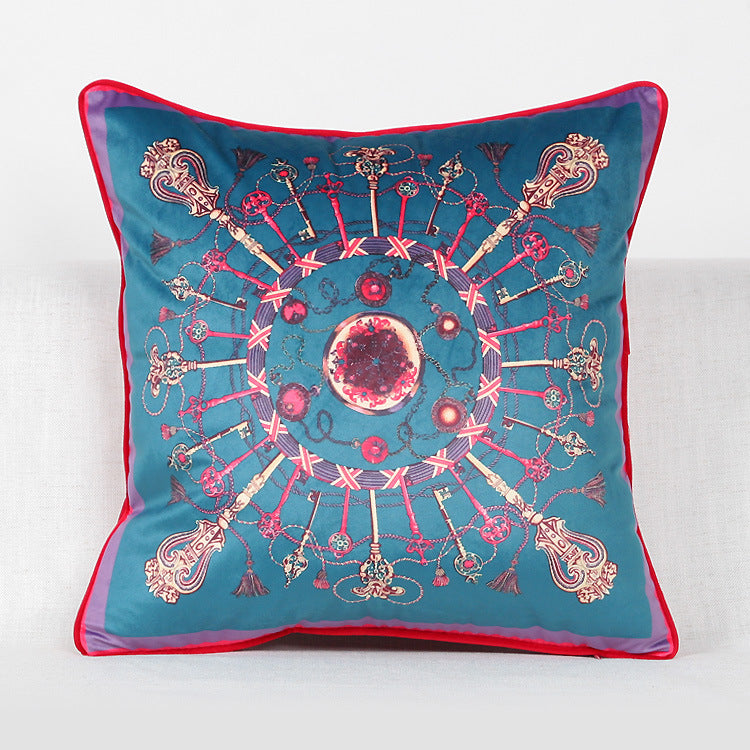 Vintage Equestrian Square Throw Pillow Cover with Piped Velvet Trim and Hidden Zipper