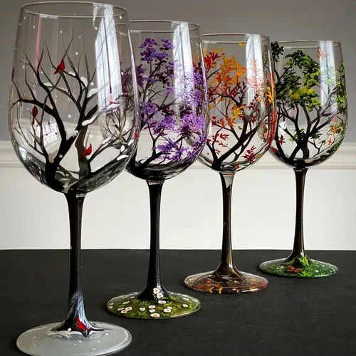 Stornfield | Hand Painted Four Seasons Tree Wine Glasses | Unique Art