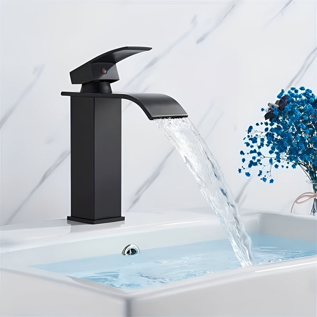 Sink faucet made of stainless steel – waterfall spout with hot and cold water | single hole mixer tap in Stornfieldack for bathroom | Stornfield