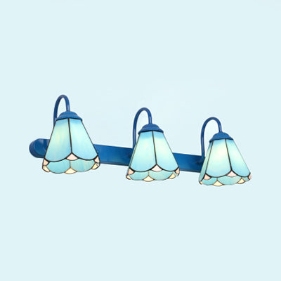 Conical Vanity Light Fixture Tiffany White/Blue Glass 3 Heads Wall Mount Light for Bathroom | Stornfield