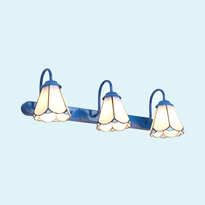 Conical Vanity Light Fixture Tiffany White/Blue Glass 3 Heads Wall Mount Light for Bathroom | Stornfield