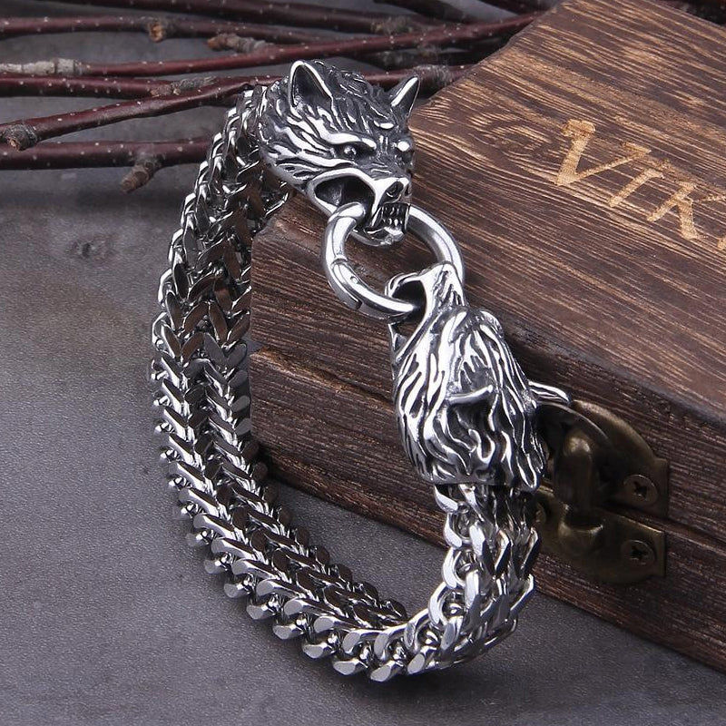 Stornfield | Viking Double Wolf Head Fenrir Bracelet in Stainless Steel