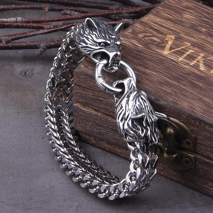 Stornfield | Viking Double Wolf Head Fenrir Bracelet in Stainless Steel