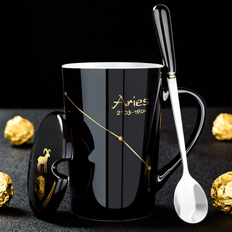 Stornfield | 12 Zodiac Signs Black Ceramic Mug with Lid and Spoon