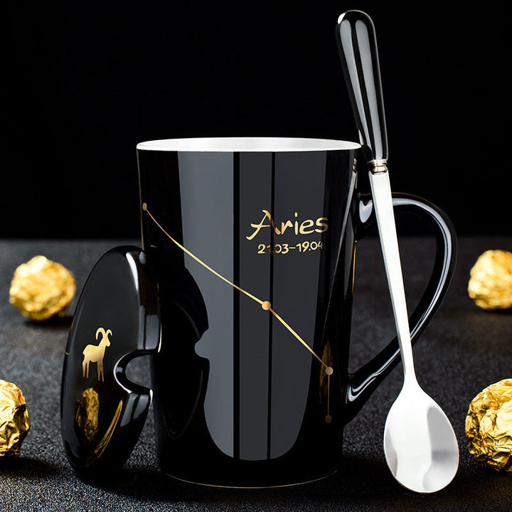 Stornfield | 12 Zodiac Signs Black Ceramic Mug with Lid and Spoon