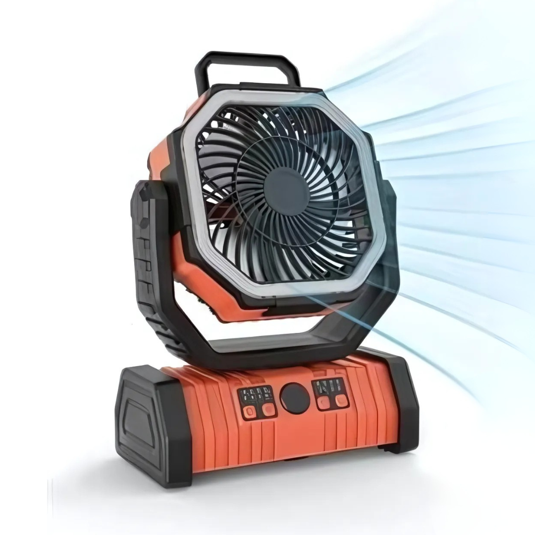 PowerBreeze Camping Fan with LED & Powerbank – 20000mAh, Rotatable & Rechargeable | Stornfield