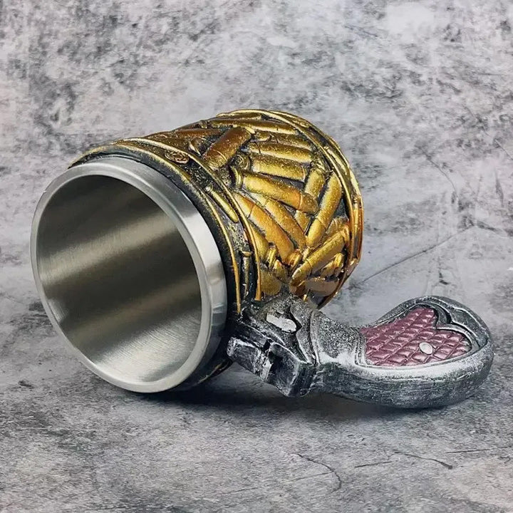 Revolver beer mug in stainless steel with unique bullet pattern | Stornfield