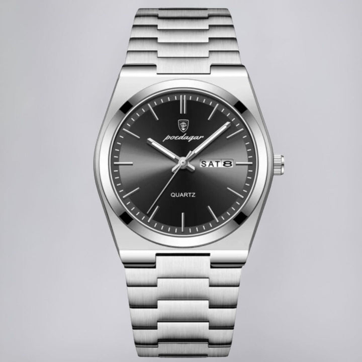 Stainless Steel Watch with Emerald Green Dial and Day-Date Display