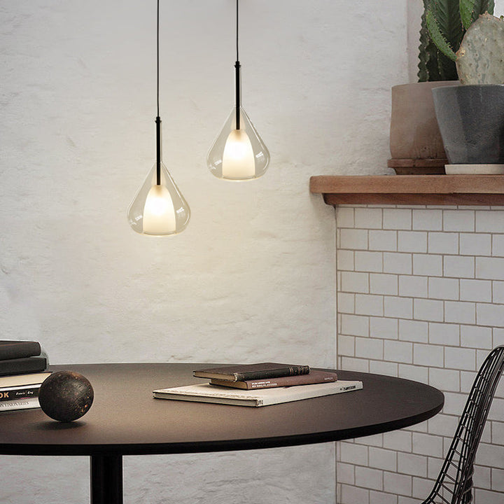 Industrial pendant light with double glass and raindrop design - Small hanging lamp for dining room and kitchen, modern minimalist design | Stornfield