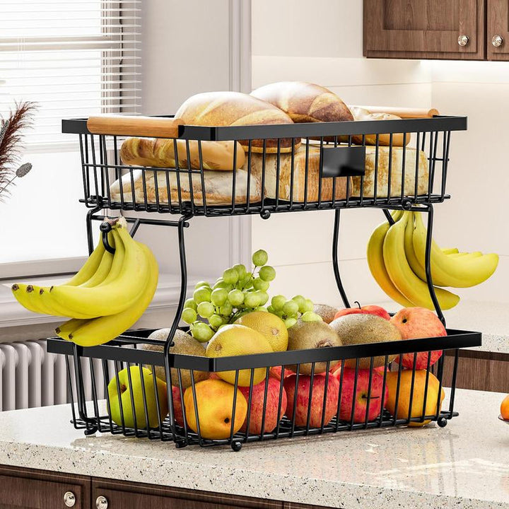 Stornfield | 2-Tier Metal Fruit & Vegetable Storage Rack with Hooks